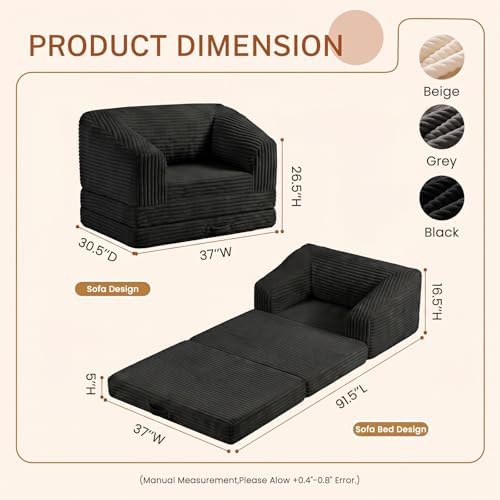 Convertible Boneless Couch Sleeper Sofa Bed, Folding Oversized Bean Bag Couch Bed, Comfy Sofa Chairs for Adults with Filling, Single, Black