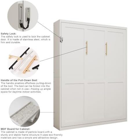 KEIKI Queen Size Vertical Cabinet Murphy Bed with Solid Slats, White