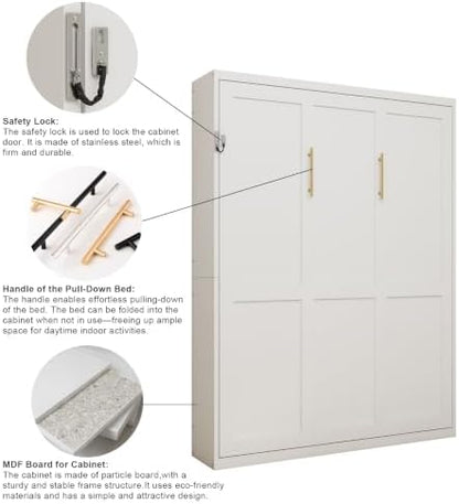 KEIKI Queen Size Vertical Cabinet Murphy Bed with Solid Slats, White