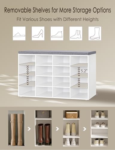 Shoe Storage Bench with Cushion, 16-Cubby Shoe Rack with Seat