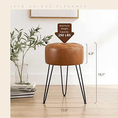 LUE BONA Faux Leather Vanity Stool Chair for Makeup Room,Brown Stool for Vanity,19” Height, Tufted Small Vanity Chair with Metal Legs, Modern Foot Ottoman for Bedroom, Living Room