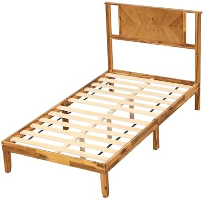 KOMFOTT Twin Size Wood Bed Frame with Headboard, Solid Acacia Wood Platform Bed Frame, Wooden Slats Supported Bed Base with Under-Bed Storage Space, No Box Spring Needed Mattress Foundation