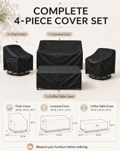 Patio Furniture Covers, 4-Piece Outdoor Set, Waterproof 600D Heavy Duty