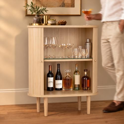 28'' Fluted Bar Cabinet with Sliding Doors, Hidden Storage and Adjustable Shelf - Modern Liquor Cabinet and Narrow Wine Bar, Small Coffee Station, 28 Inch Wide Fluted Sideboard Buffet (Oak)