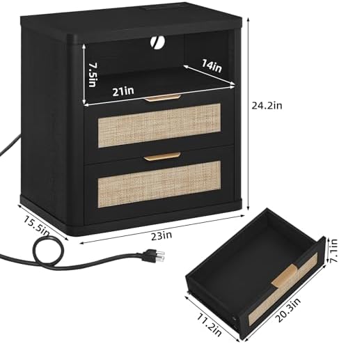 LEYAOYAO Rattan 23" Nightstands Set 2 with Charger Station 2 Drawers