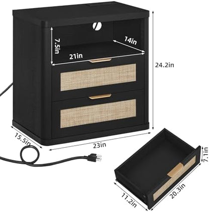 LEYAOYAO Rattan 23" Nightstands Set 2 with Charger Station 2 Drawers