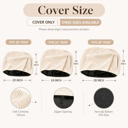 Storage Pouf Cover, No Filler, Corduroy, Cream White, 24 Inch