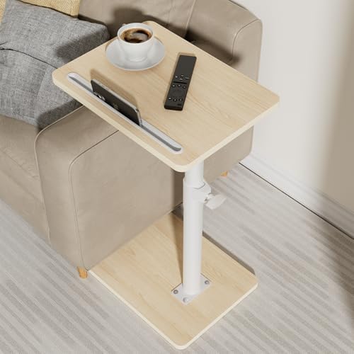 Sofa Armrest Tray Table for Couch - 360 Swivel Height Adjustable End Table for Small Spaces, Snack Side Table for Bed or Chair with Phone & Tablet Slot (Oak, Standard)