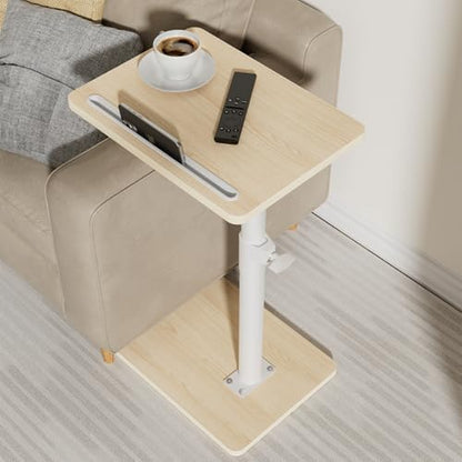 Sofa Armrest Tray Table for Couch - 360 Swivel Height Adjustable End Table for Small Spaces, Snack Side Table for Bed or Chair with Phone & Tablet Slot (Oak, Standard)