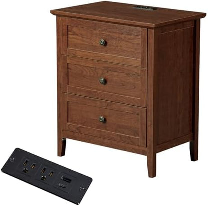 Karl home Brown Farmhouse Nightstand, Wide End Table with Charging Station