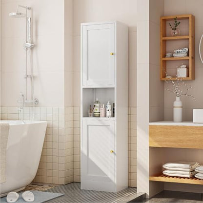 Metal Bathroom Storage Cabinet, 67" Tall Narrow Freestanding Floor Cabinet with Adjustable Shelves and Open Compartment, Slim Metal Locker for Laundry, Kitchen, Dining Room