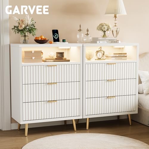 28"W 3 Drawers Dresser for Bedroom with LED and Charging Station, White