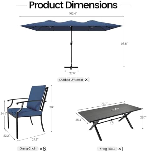 8 PCS Outdoor Patio Dining Set with 13.6ft Double-Sided Patio Umbrella,Patio Table and Chairs Metal Outdoor Patio Furniture Set,Dining Table Set with 6 Chairs,Navy Blue