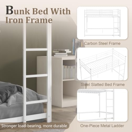 Floor Bunk Bed Twin Over Twin, Metal Twin Size Bed Frame with Ladder & Safety Guardrails for Boys Girls, Space Saving Design, No Box Spring Needed, White