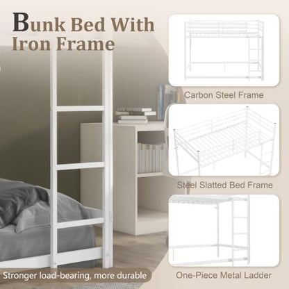 Floor Bunk Bed Twin Over Twin, Metal Twin Size Bed Frame with Ladder & Safety Guardrails for Boys Girls, Space Saving Design, No Box Spring Needed, White
