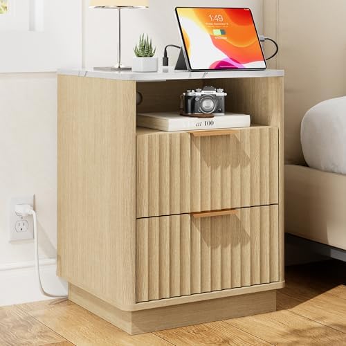 18"W Fluted Nightstand with Charging Station and Faux Marble Top