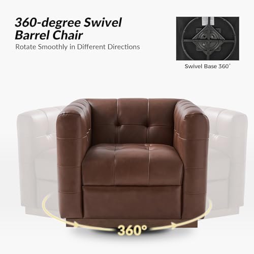 HULALA HOME Genuine Leather Swivel Accent Chairs Set of 2 with Wooden Base, Mid Century Modern Square Accent Chairs for Living Room Bedroom Club, Brown