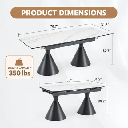 Extendable Dining Table for 8, Faux Marble Table with Dual Extension Leaves