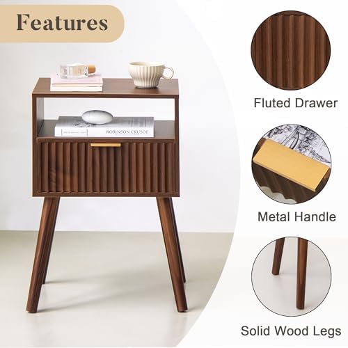 Walnut Nightstand, Fluted Night Stand with Drawer and Open Shelf