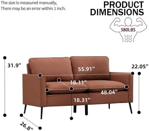 Retro Leather Loveseat Sofa, 2-Seat Couch for Living Room, Brown
