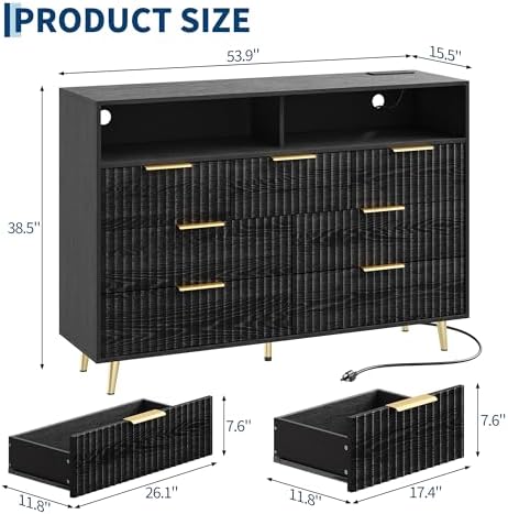 53.9"W 7 Drawer Dresser for Bedroom with LED and Charging Station, Black