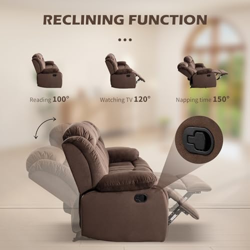 INZOY Manual Reclining Sofa Set, Modern 3 Reclining Sofa Couch for Living Room Furniture, Included Manual Single Recliner Chair and Wall-Hugger 3 Seat Recliner Sofa Coach, Brown, 1+3