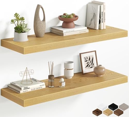 36 Inch Floating Shelves for Wall, 12 Inch Deep Shelves for Bedroom, Kitchen, Bathroom Wall Mounted, Rustic Wood Floating Shelf with Invisible Brackets for Books, Storage, Decor, Oak, 2 Pack