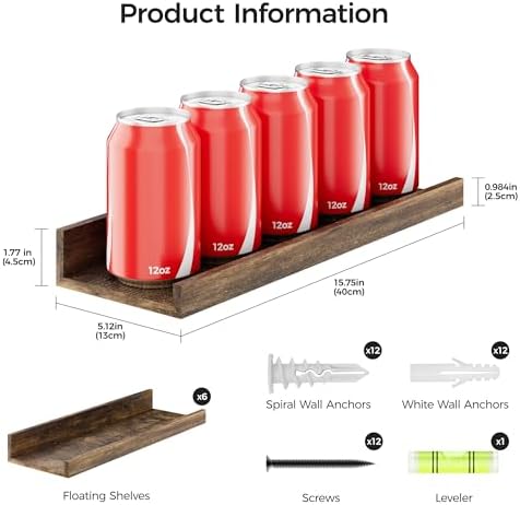 upsimples 12 Pack Wooden Floating Shelves, Wall Storage Decor Shelf for Bathroom, Bedroom, Living Room, Kitchen, Office and Laundry Room, Wall Mounted Display Hanging Shelf, Brown