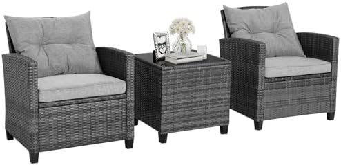 HAPPYGRILL 3 Pieces Patio Conversation Set, Outdoor Furniture Set PE Rattan Sofa Set with Removable Cushions, PE Wicker Chairs with Tempered Glass Side Table for Porch Lawn Garden Balcony Backyard