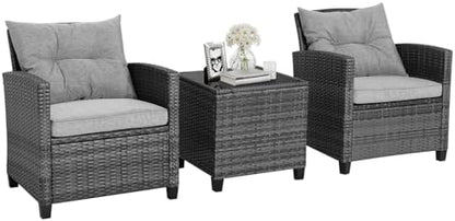 HAPPYGRILL 3 Pieces Patio Conversation Set, Outdoor Furniture Set PE Rattan Sofa Set with Removable Cushions, PE Wicker Chairs with Tempered Glass Side Table for Porch Lawn Garden Balcony Backyard