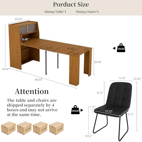 Dining Table Set for 6, Extendable 86.6" with Storage