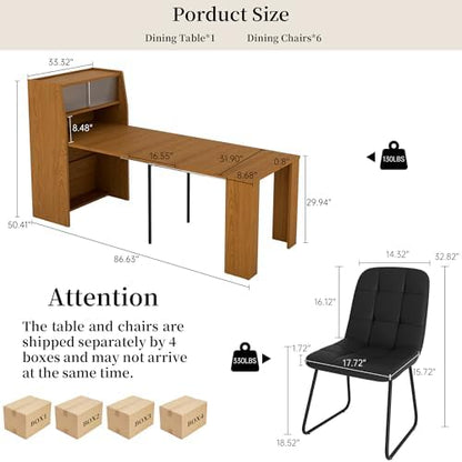 Dining Table Set for 6, Extendable 86.6" with Storage