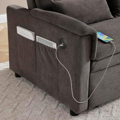 Sofa Bed, Pull Out Couch with Side Pockets, 3 in 1 Velvet Loveseat Sleeper Sofas Beds with USB Ports, Sofa Bed Couch with Adjustable Backrest for Living Room, Bedroom, Apartment, Gray