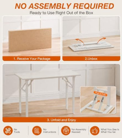 XBurmo Folding Desk Foldable Table, No Assembly 43.3" Foldable Desk Space-Saving Workstation for Small Space, Computer Table, Flat Storage for Home Office, Bedroom, Dorm, Study Room, White Ash