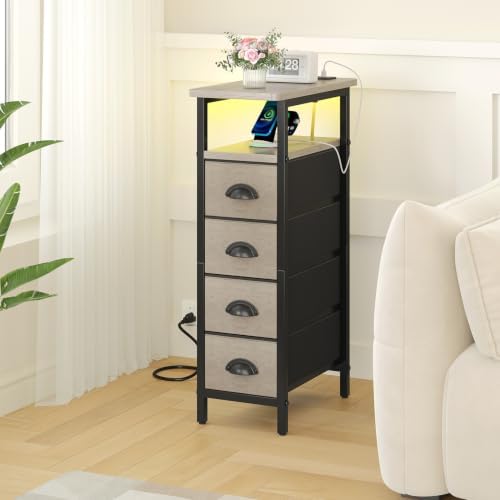 sthmec Nightstand Set 2 with Charging Station, Narrow End Table Set of 2 with 4 Drawers, LED Side Table with Fabric Drawers,Slim Sofa Couch Tables for Small Spaces Bedroom, Grey