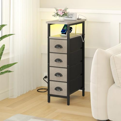 sthmec Nightstand Set 2 with Charging Station, Narrow End Table Set of 2 with 4 Drawers, LED Side Table with Fabric Drawers,Slim Sofa Couch Tables for Small Spaces Bedroom, Grey