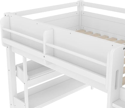 Bellemave Twin Size Low loft Bed with Desk and bookcases, Boxes and Drawers for Kids,Wood Modern Farmhouse Kids Loft Bed with Shelf, White