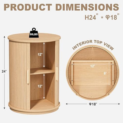 Side Table with Storage for Living Room, Round End Table with Sliding Tambour Door, Wood Night Stand Nightstand Bedside Table for Bedroom, Small Round Side Table, Mid Century Modern, Light Oak