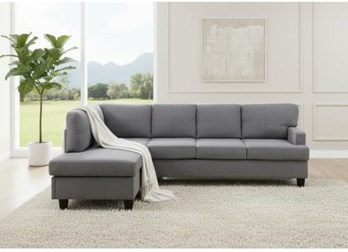 L-Shape Breathable Fabric Sectional Couch, 2-Piece Sofa Set for Living Room, Modern Linen-Style Upholstered Couch Set with Solid Wood Frame and Comfortable Spring Support, Light Grey