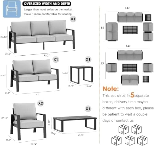 2 Pieces Aluminum Outdoor Armchair, Oversized Patio Couch, Modern Sofa All Weather Metal Furniture Set with 5" Cushions (Black/Light Grey)