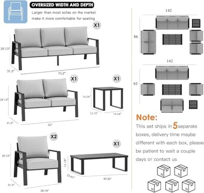 2 Pieces Aluminum Outdoor Armchair, Oversized Patio Couch, Modern Sofa All Weather Metal Furniture Set with 5" Cushions (Black/Light Grey)