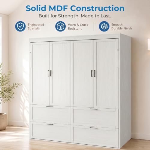 Mjkone Full Size Murphy Bed, Cabinet Beds Full with Motor-Driven Lifting System & Bedside Storage, Hidden Wall Murphy Automatic Lift Up Beds & Legs, Space-Saving Guest Bed for Apartment - White