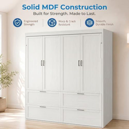 Mjkone Full Size Murphy Bed, Cabinet Beds Full with Motor-Driven Lifting System & Bedside Storage, Hidden Wall Murphy Automatic Lift Up Beds & Legs, Space-Saving Guest Bed for Apartment - White