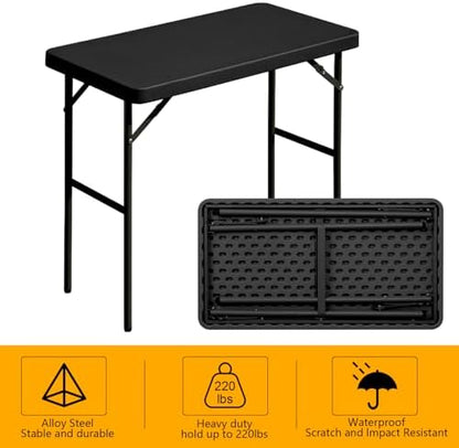 Folding Table 2.7ft Rectangular All-Occasion Plastic Folding Event Table for Indoor and Outdoor, Portable Desk, Camping, Durable and Stable, HDPE and Steel, Wide Application, Black