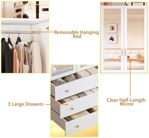 4 Doors LED Wardrobe Closet, 75" Tall Modern Armoire with Mirror & 3 Drawers, Wooden Armoire Wardrobe Closet for Bedroom, Hanging Rod, Freestanding Clothing Storage Cabinet, White