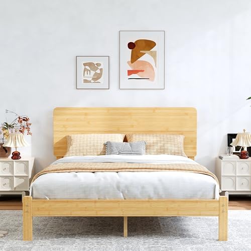BOSRII 12" Full Size Bamboo Wood Platform Bed Frame with Headboard, Natural