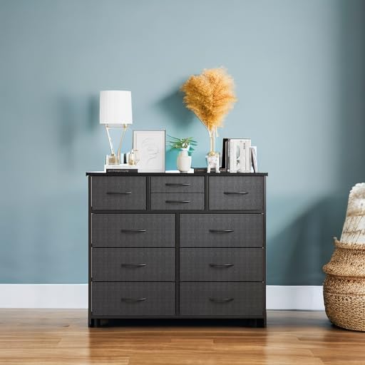 LUMTOK 10-Drawer Dresser, Fabric Storage Tower with Drawers for Bedroom, Dresser Drawer with Handle for Bedroom, Living Room, Hallway, Closets & Nurseryteel Frame, Wood Top (10 Drawer/Grey)