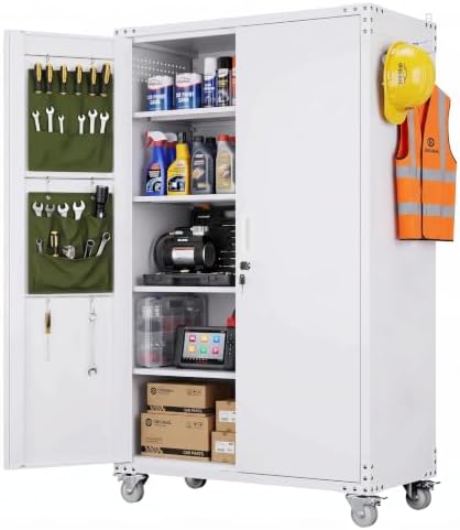 Wider&Deepr Metal Garage Storage Cabinet with Wheels and Tool Pouches,White