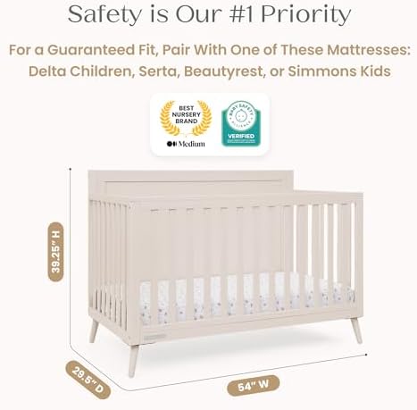 Delta Children Lola 6-in-1 Convertible Crib - Converts from Baby Crib to Toddler Bed, Daybed, Sofa Bed and Full-Size Bed with and Without Footboard, Fits Standard Full-Size Crib Mattress, Soft Beige