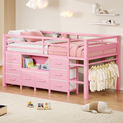Feonase Low Loft Bed Twin Size with 8 Storage Drawers, Twin Loft Bed with Bookcase, Metal Kids Loft Bed with 13" H Safety Guardrail, Under-Bed Play Space and Play Curtain for Kids, Pink